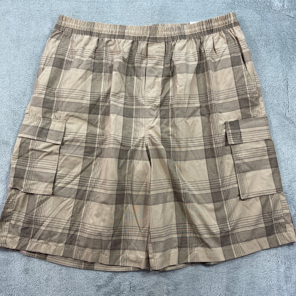 Yago Cargo Shorts Mens 6XL Tan Plaid Casual Elastic Waist